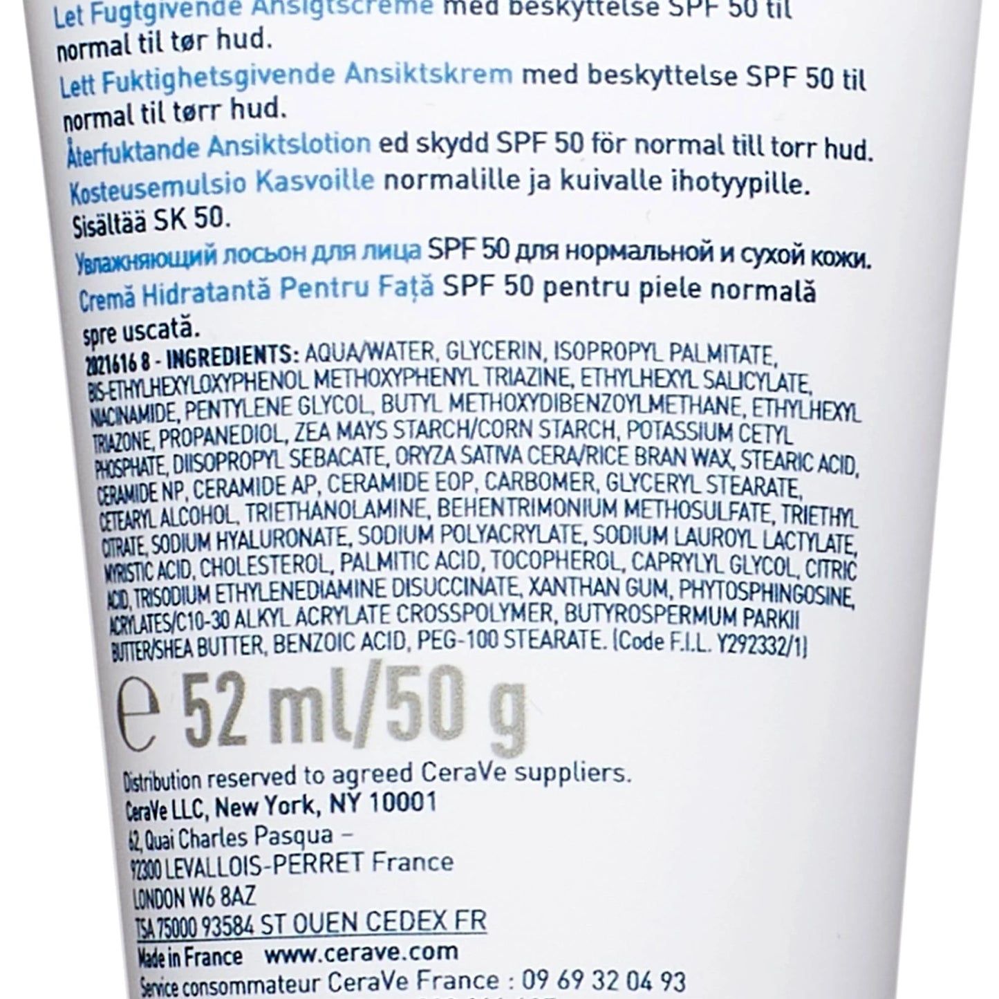CERAVE CRÈME HYDRATANTE VISAGE SPF 50 PEAUX NORMALES À SÈCHES 52ML