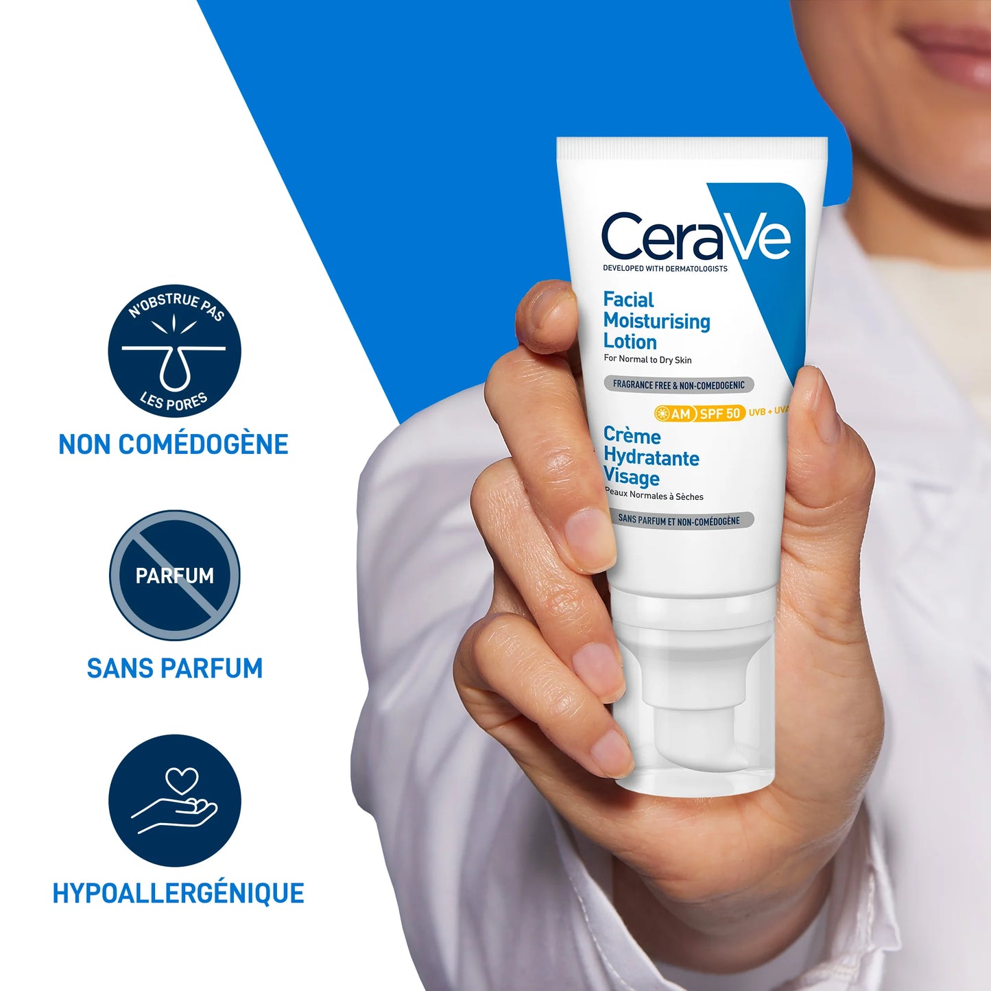 CERAVE CRÈME HYDRATANTE VISAGE SPF 50 PEAUX NORMALES À SÈCHES 52ML