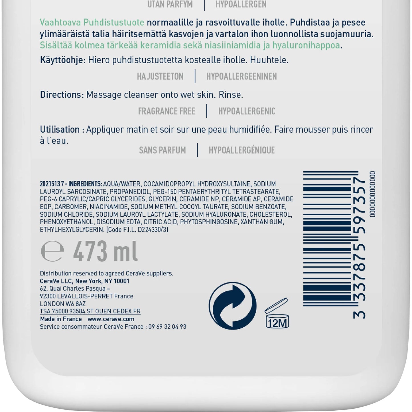 CERAVE GEL MOUSSANT NETTOYANT PEAU NORMALE À GRASSE 473ML